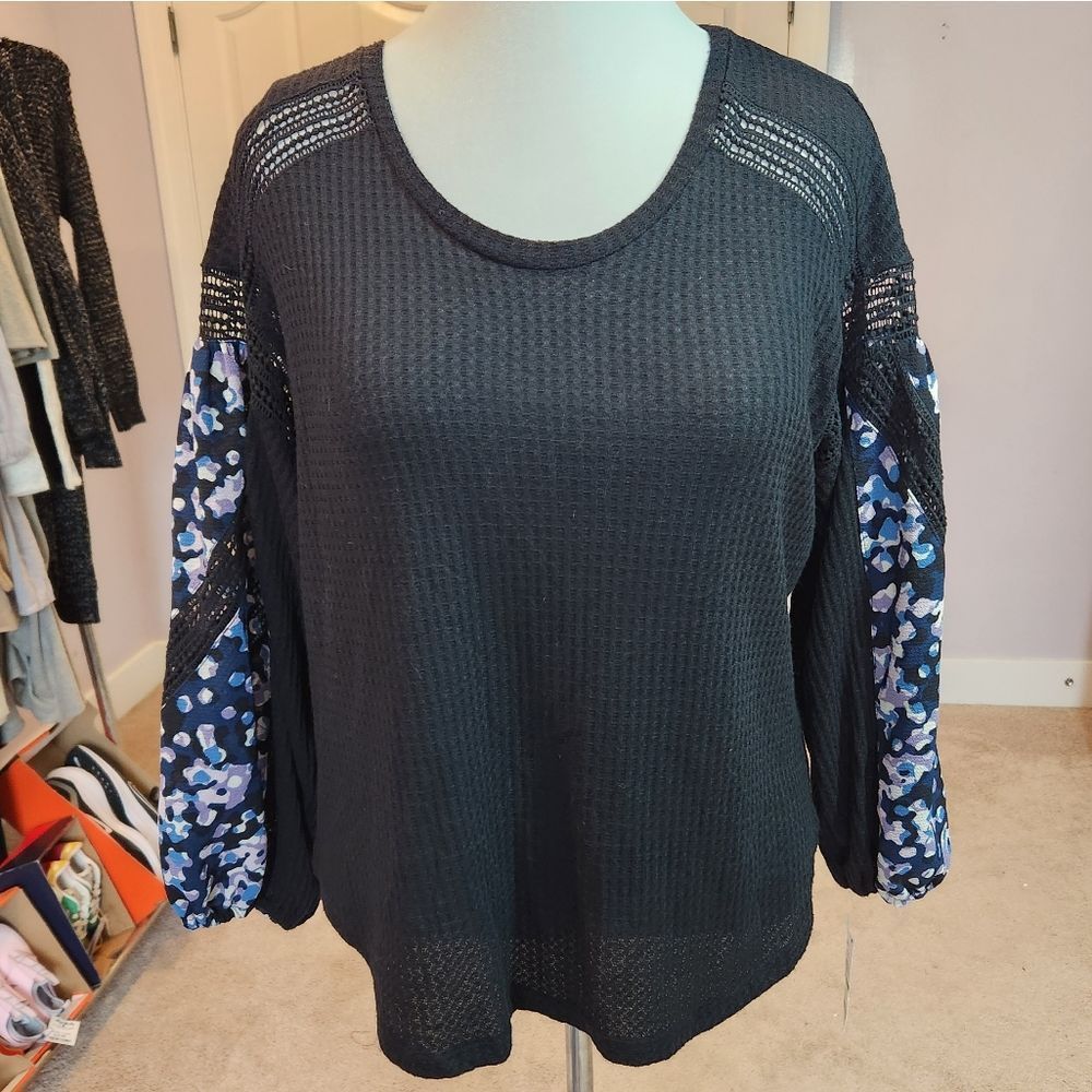 Fever long peasant sleeve waffle knit top flower & open weave detail